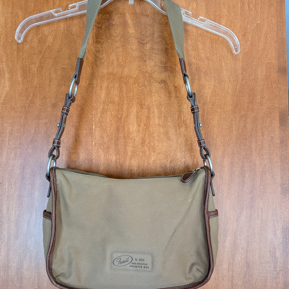 Fossil Olive Canvas Crossbody Bag with Brown Trim